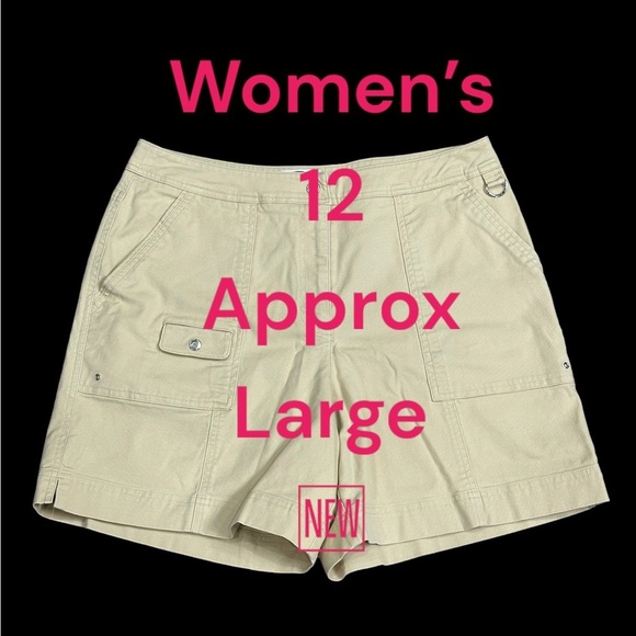 Women's Talbots 12 12P Petite Large Shorts Chino Khakis Khaki Stretch Flat Front - Picture 2 of 8